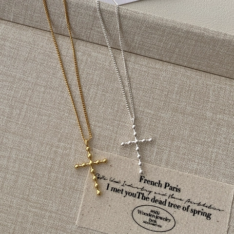 Collana a Croce in Argento Sterling S925 per Donna Design a Grani Minimalista Placcata in Oro 18K Catena da Clavicola Moda