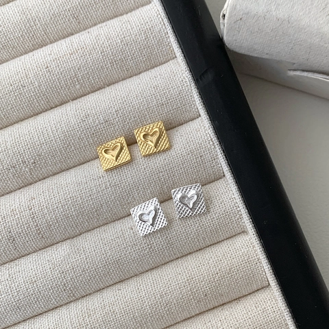 Simple S925 Sterling Silver Heart Square Grid Stud Earrings For Women Elegant Geometric Gold Silver Plated Jewelry Gift