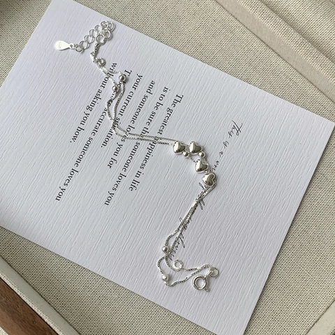 Pulsera de Corazón de Doble Capa de Plata de Ley S925 para Mujer Cadena de Cuentas Pulidas Minimalista Joyería de Corazón Personalizada