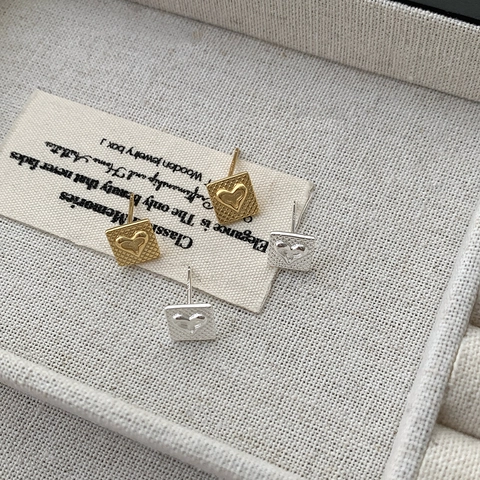 Simple S925 Sterling Silver Heart Square Grid Stud Earrings For Women Elegant Geometric Gold Silver Plated Jewelry Gift