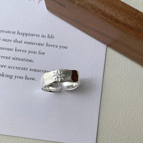 Vintage S925 Sterling Silver Star Adjustable Ring Minimalist Hammered Irregular Wavy Zirconia Inlaid Finger Ring For Women