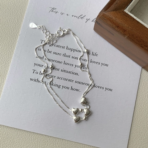 Pulsera de Corazón de Doble Capa de Plata de Ley S925 para Mujer Cadena de Cuentas Pulidas Minimalista Joyería de Corazón Personalizada
