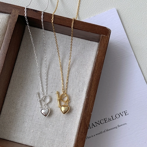 Collar con Colgante de Corazón de Plata de Ley S925 para Mujer Minimalista Bañado en Oro 18K Cierre de Palanca OT Joyería Regalo