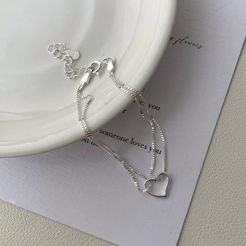 Minimalist S925 Sterling Silver Heart Bracelet For Women Double Layered Box Chain Adjustable Plain Silver Jewelry Gift
