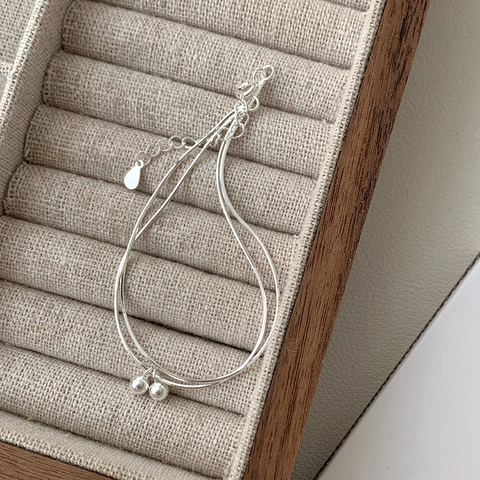 Pulsera de Doble Capa de Plata de Ley 925 Minimalista para Mujer Pequeñas Cuentas Redondas Cadena de Serpiente Elegante Joyería de Mano