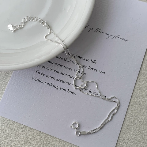 Minimalist S925 Sterling Silver Heart Bracelet For Women Double Layered Box Chain Adjustable Plain Silver Jewelry Gift