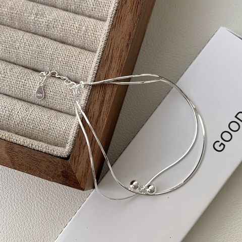 Pulsera de Doble Capa de Plata de Ley 925 Minimalista para Mujer Pequeñas Cuentas Redondas Cadena de Serpiente Elegante Joyería de Mano
