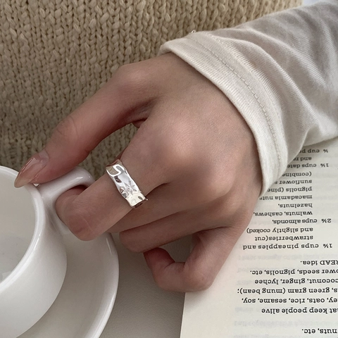 Vintage S925 Sterling Silver Star Adjustable Ring Minimalist Hammered Irregular Wavy Zirconia Inlaid Finger Ring For Women