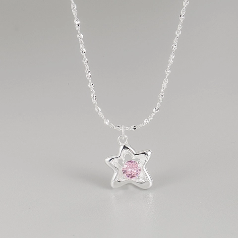 Collar de Plata de Ley 925 con Colgante de Estrella y Circonia Rosa para Mujer Estilo Coreano Dulce Cadena de Ondas de Agua Joyería