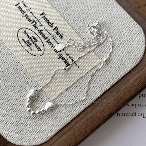S925 Plata de Ley Corazón Cuenta Redonda Pulsera para Mujeres Estilo Coreano Minimalista Pulido Joyería Cadena Ajustable
