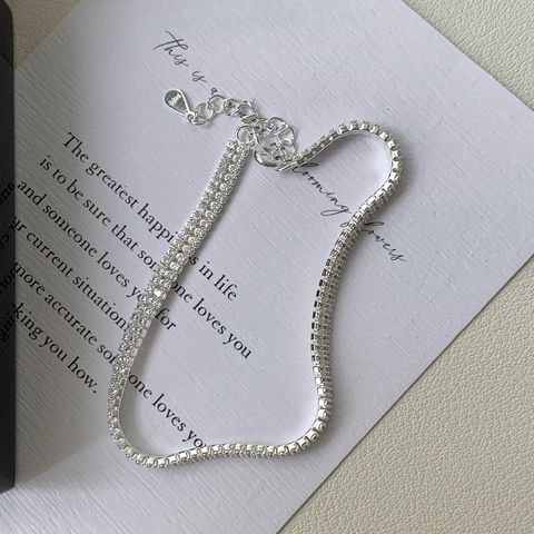 Pulsera de Plata de Ley 925 con Doble Fila de Diamantes de Imitación para Mujer Cadena Tennis Minimalista Ajustable