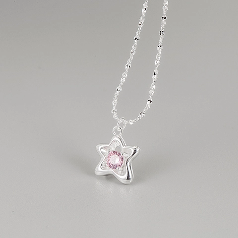 Collar de Plata de Ley 925 con Colgante de Estrella y Circonia Rosa para Mujer Estilo Coreano Dulce Cadena de Ondas de Agua Joyería