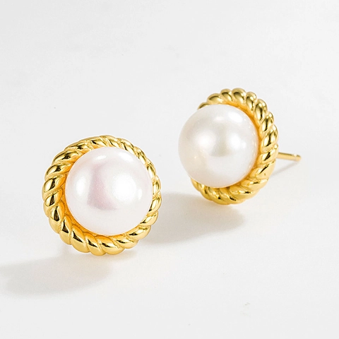 Orecchini a Bottone in Argento Sterling S925 Con Perla Naturale e Bordo Intrecciato Stile Francese Vintage Placcato Oro 18k Gioielli Donna