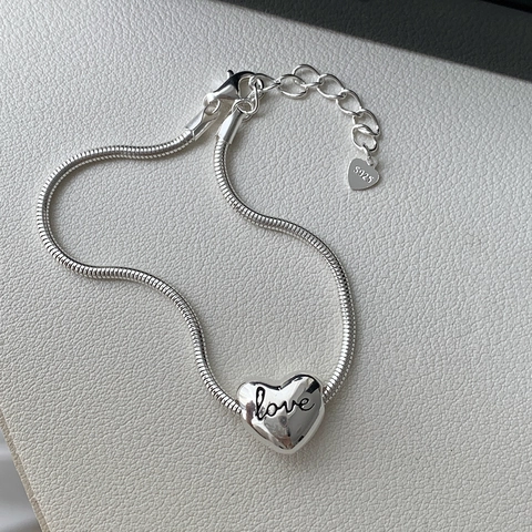 Pulsera de Cadena de Serpiente de Plata de Ley S925 con Colgante de Corazón Love para Mujer Minimalista Elegante Ajustable