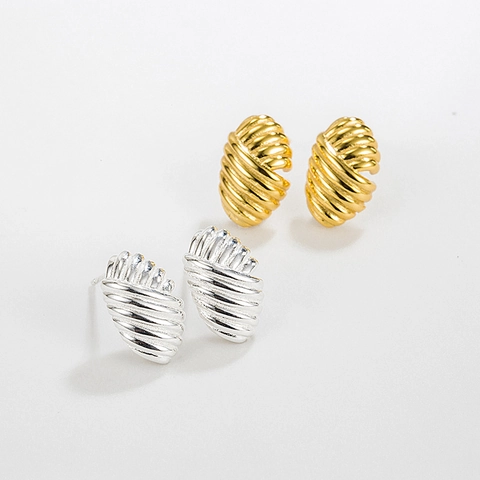 French Vintage 925 Sterling Silver Ribbed Croissant Stud Earrings Gold Silver Plated Spiral Design Jewelry For Women Gift