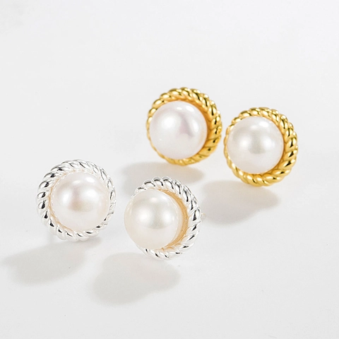 Orecchini a Bottone in Argento Sterling S925 Con Perla Naturale e Bordo Intrecciato Stile Francese Vintage Placcato Oro 18k Gioielli Donna