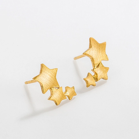 Pendientes de Botón de Triple Estrella de Plata de Ley S925 Cepillada Para Mujer Joyería Estelar Personalizada Bañada en Oro 18K