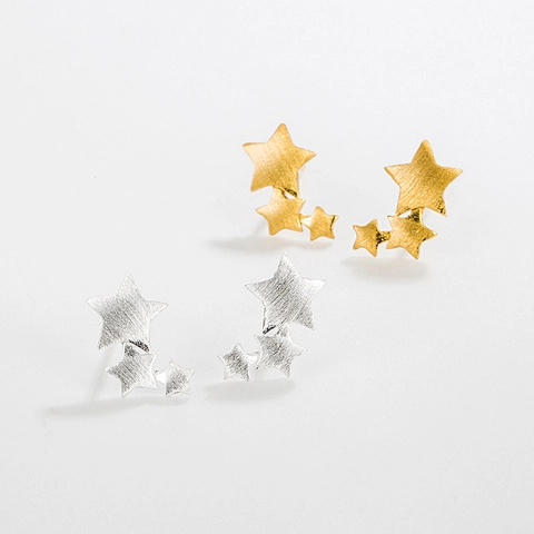 Pendientes de Botón de Triple Estrella de Plata de Ley S925 Cepillada Para Mujer Joyería Estelar Personalizada Bañada en Oro 18K