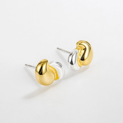 Pendientes de Botón de Frijol de Plata de Ley 925 Minimalista Bicolor Oro Plata para Mujer Joyería de Piercing