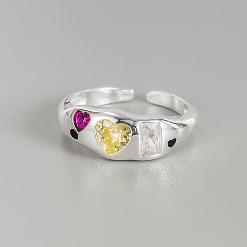 Anillo Abierto de Plata de Ley S925 Con Diamantes de Imitación de Corazón Coloridos Ajustable Estilo Coreano Joyería de Moda para Mujer