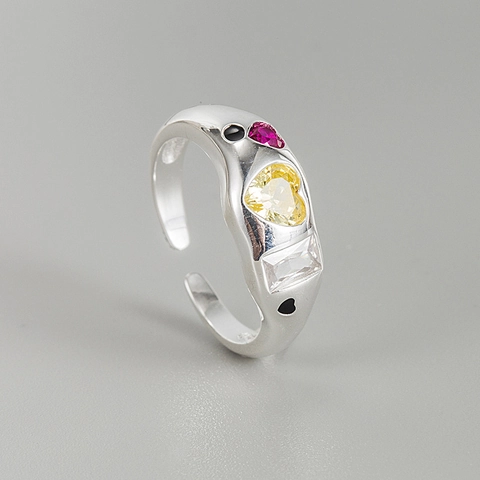 Anillo Abierto de Plata de Ley S925 Con Diamantes de Imitación de Corazón Coloridos Ajustable Estilo Coreano Joyería de Moda para Mujer
