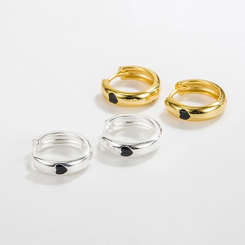 925 Sterling Silver Heart Hoop Earrings Ins Style Minimalist Drip Glue Tiny Black Heart Huggie Hoop Jewelry For Women
