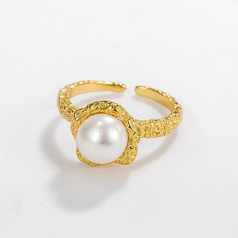 Anello in Argento Sterling S925 Con Perla Barocca Naturale Texture Lavica Martellato Anello Regolabile da Donna Gioielli Regalo