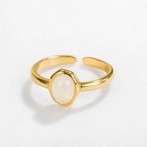 Anillo Ajustable de Plata de Ley con Piedra Ojo de Gato y Calcedonia Blanca para Mujer Minimalista Geométrico Ovalado Joyas de Oro