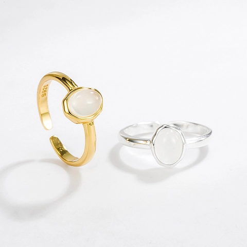 Anillo Ajustable de Plata de Ley con Piedra Ojo de Gato y Calcedonia Blanca para Mujer Minimalista Geométrico Ovalado Joyas de Oro