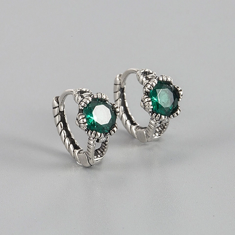 Orecchini a Cerchio Vintage in Argento Sterling 925 da Donna Design di Nicchia Zirconia Verde Smeraldo Intarsiato Gioielli Geometrici Retro Regalo