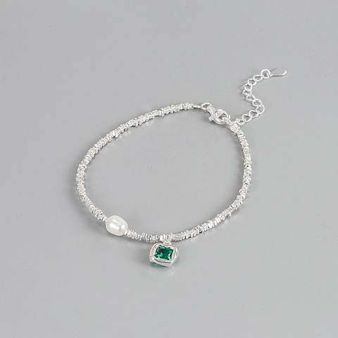 Pulsera de Pepita Irregular de Plata de Ley 925 Con Perla Artificial Colgante de Strass Verde Joyería de Mano Ajustable Minimalista Para Mujer