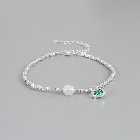 Pulsera de Pepita Irregular de Plata de Ley 925 Con Perla Artificial Colgante de Strass Verde Joyería de Mano Ajustable Minimalista Para Mujer