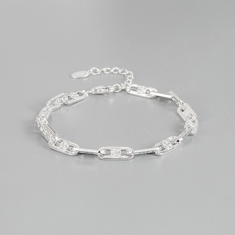 Pulsera de Plata de Ley S925 para Mujer Minimalista Eslabones Rectangulares Huecos Patrón Floral Strass Joyería Artesanal