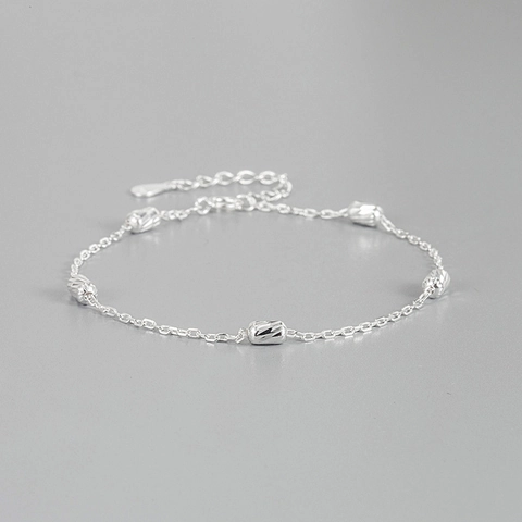 Pulsera Minimalista de Plata de Ley 925 con Cuentas para Mujer Delicada Cuentas de la Suerte Cilíndricas Corte Láser Ajustable Joyas