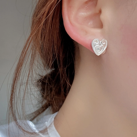 Vintage S925 Sterling Silver Heart Stud Earrings Two Tone Gold Silver Totem Scroll Pattern Ins Style Jewelry For Women