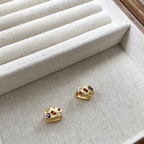 S925 Plata de Ley Circonia Colorida Pendientes Huggie Irregular Geométrico Forma de Queso Artístico Pequeños Aros Joyería para Mujer