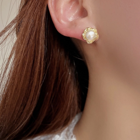 Orecchini a Bottone con Perle Artificiali in Argento Sterling 925 Metallo Geometrico Irregolare Gioielli alla Moda Donna Elegante Vintage Francese
