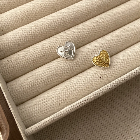 Vintage S925 Sterling Silver Heart Stud Earrings Two Tone Gold Silver Totem Scroll Pattern Ins Style Jewelry For Women