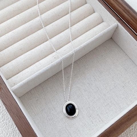Collana con Pendente in Agata Nera Ovale in Argento Sterling S925 Catena per Clavicola Minimalista Vintage Gioielli Niche da Donna