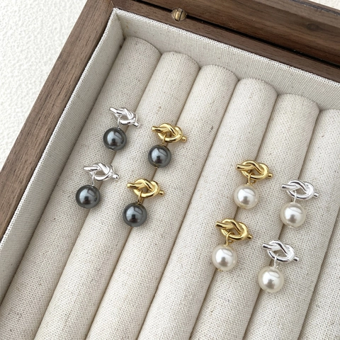 Pendientes de Botón con Nudo de Plata de Ley 925 Estilo Vintage Francés para Mujer Elegantes Pendientes de Perla Artificial