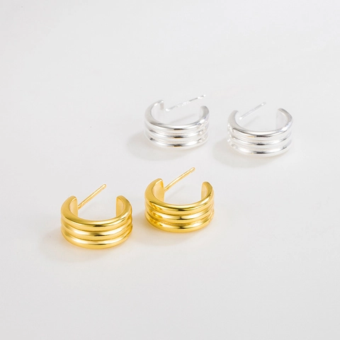 Pendientes de Botón de Plata de Ley 925 en Forma de C para Mujer Pendientes de Aro Pequeños Geométricos de Triple Capa Joyería