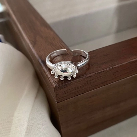Anello a Corona in Argento Sterling 925 per Donna Stile Coreano INS Forma di Fiore Ovale Regolabile Anello Aperto Gioielli Vintage Francesi