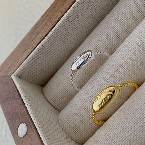 925 Sterling Silver Twisted Band Open Ring For Women Minimalist Oval Plate Engraved Letter 18K Gold Plated INS Jewelry
