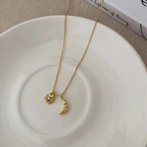 Collar de Pendiente de Luna Martillada de Plata de Ley 925 para Mujer Perla Artificial Estilo Coreano Minimalista Joyería Elegante