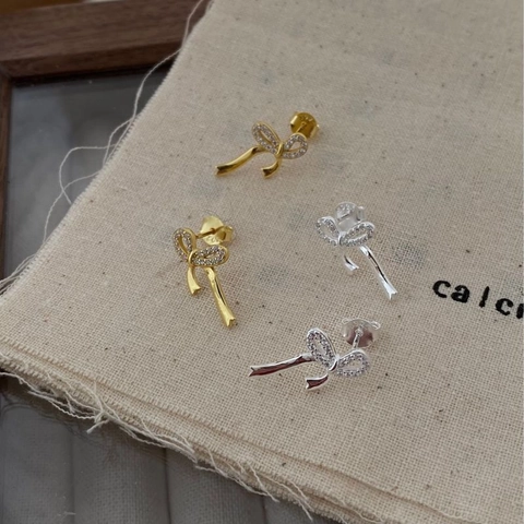 925 Sterling Silver Ribbon Bow Stud Earrings Shiny Rhinestone Inlaid Korean Style Elegant Jewelry For Women Girls Gift