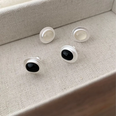 Pendientes de Botón Mate de Plata de Ley 925 Vintage para Mujer Ágata Negra Calcedonia Blanca Joyería Geométrica de Gemas
