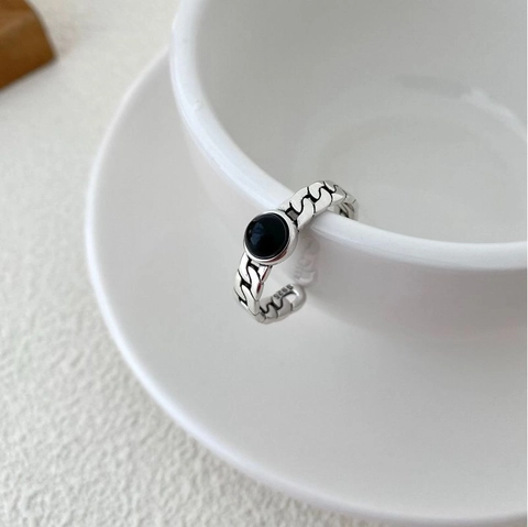 Anillo de Plata de Ley 925 Vintage con Ágata Negra Para Mujeres Hombres Unisex Minimalista Cadena Línea Cruzada Anillo Ajustable