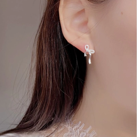 925 Sterling Silver Ribbon Bow Stud Earrings Shiny Rhinestone Inlaid Korean Style Elegant Jewelry For Women Girls Gift