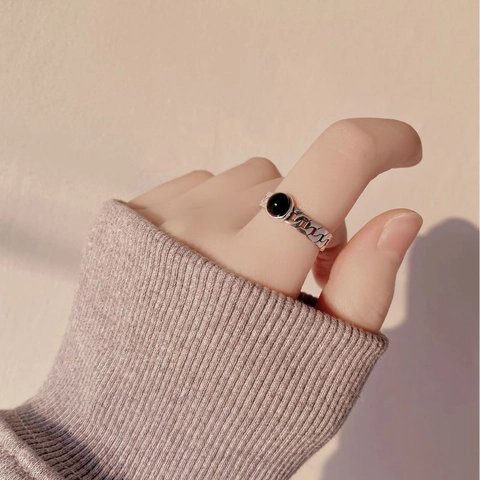 Anillo de Plata de Ley 925 Vintage con Ágata Negra Para Mujeres Hombres Unisex Minimalista Cadena Línea Cruzada Anillo Ajustable