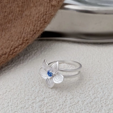 S925 Sterling Silver Hibiscus Flower Open Ring For Women Sweet Blue Rhinestone Petal Design Adjustable Floral Finger Jewelry
